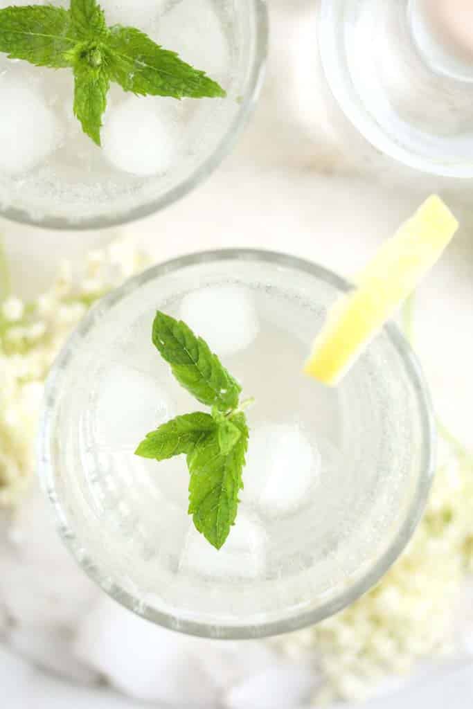 overhead view of a glass with longdrink garnished with mint and lemon wedges.