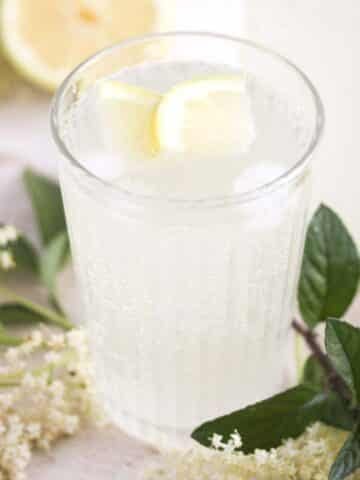 elderflower champagne in a glass with lemon slices and flowers around it.