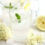 elderflower gin cocktail in a long glass, lemon and flowers around it.