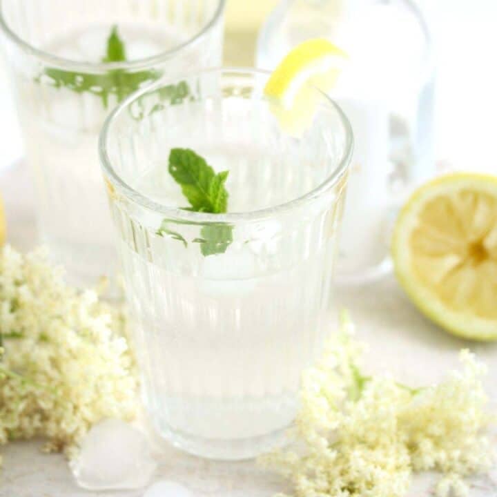 elderflower gin cocktail in a long glass, lemon and flowers around it.