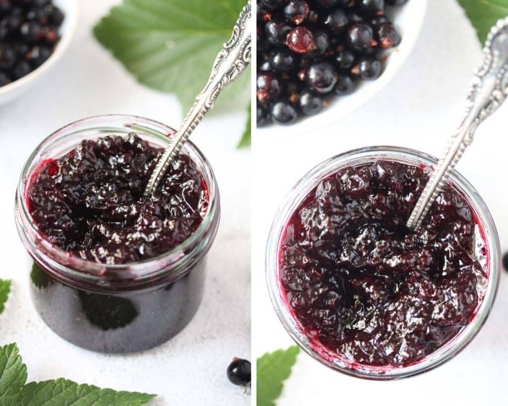 collage of two pictures of a jar of preserved black currants.