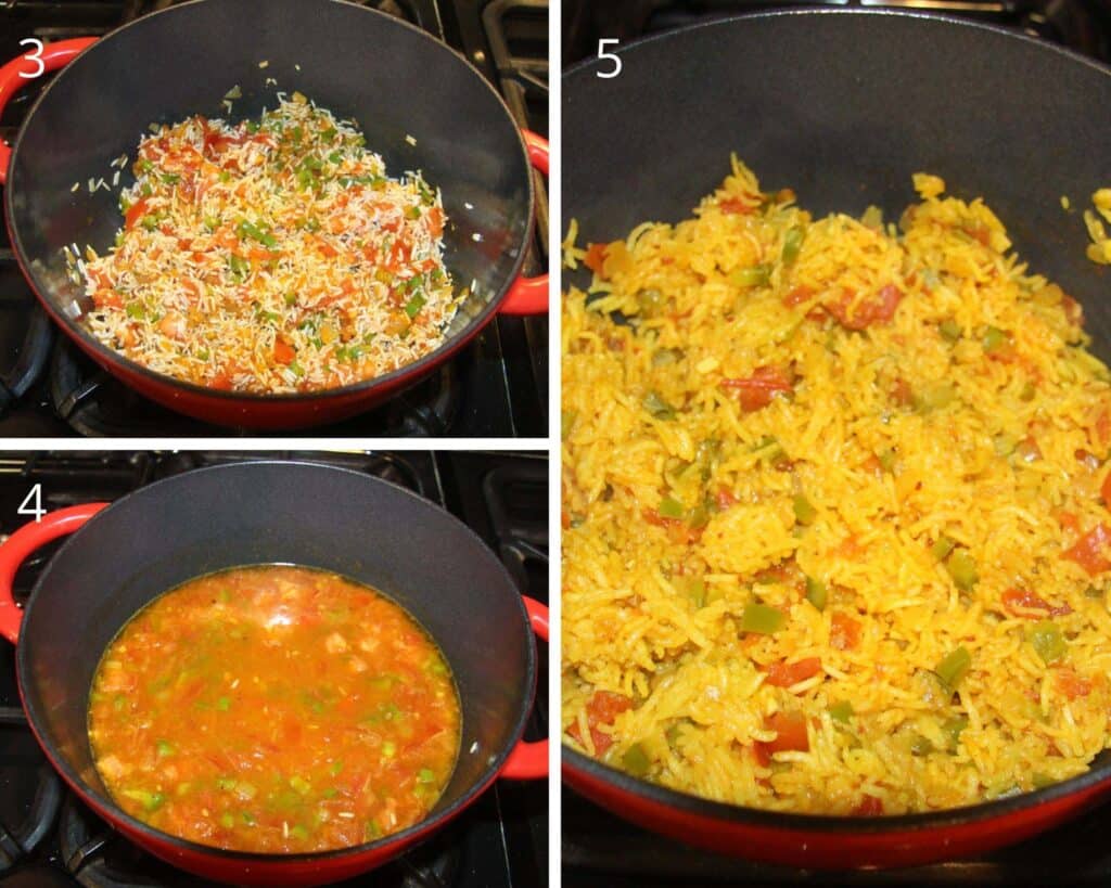 collage of three pictures of cooking rice in a dutch oven.