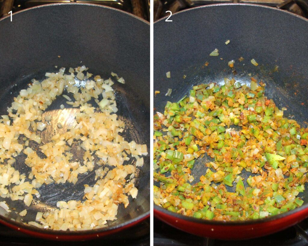 collage of two pictures of cooking onions and vegetables in a dutch oven.