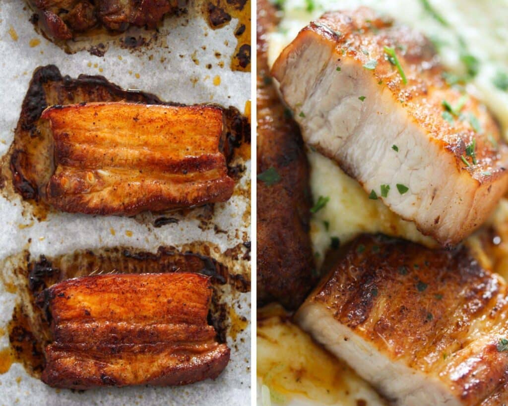 collage of two pictures of pork strips on the baking tray and then served with cauliflower mash.