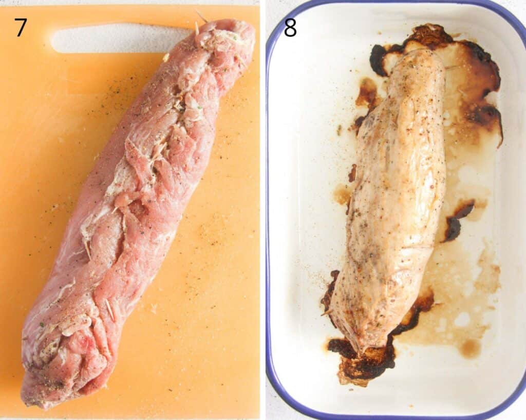 collage of two pictures of a raw filet and then baked in a roasting tin.