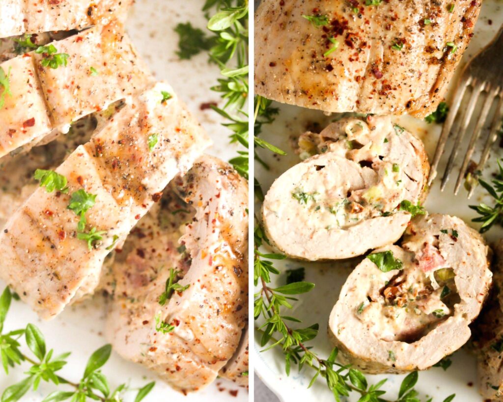 collage of two pictures of pork tenderloin stuffed with cream cheese and bacon.