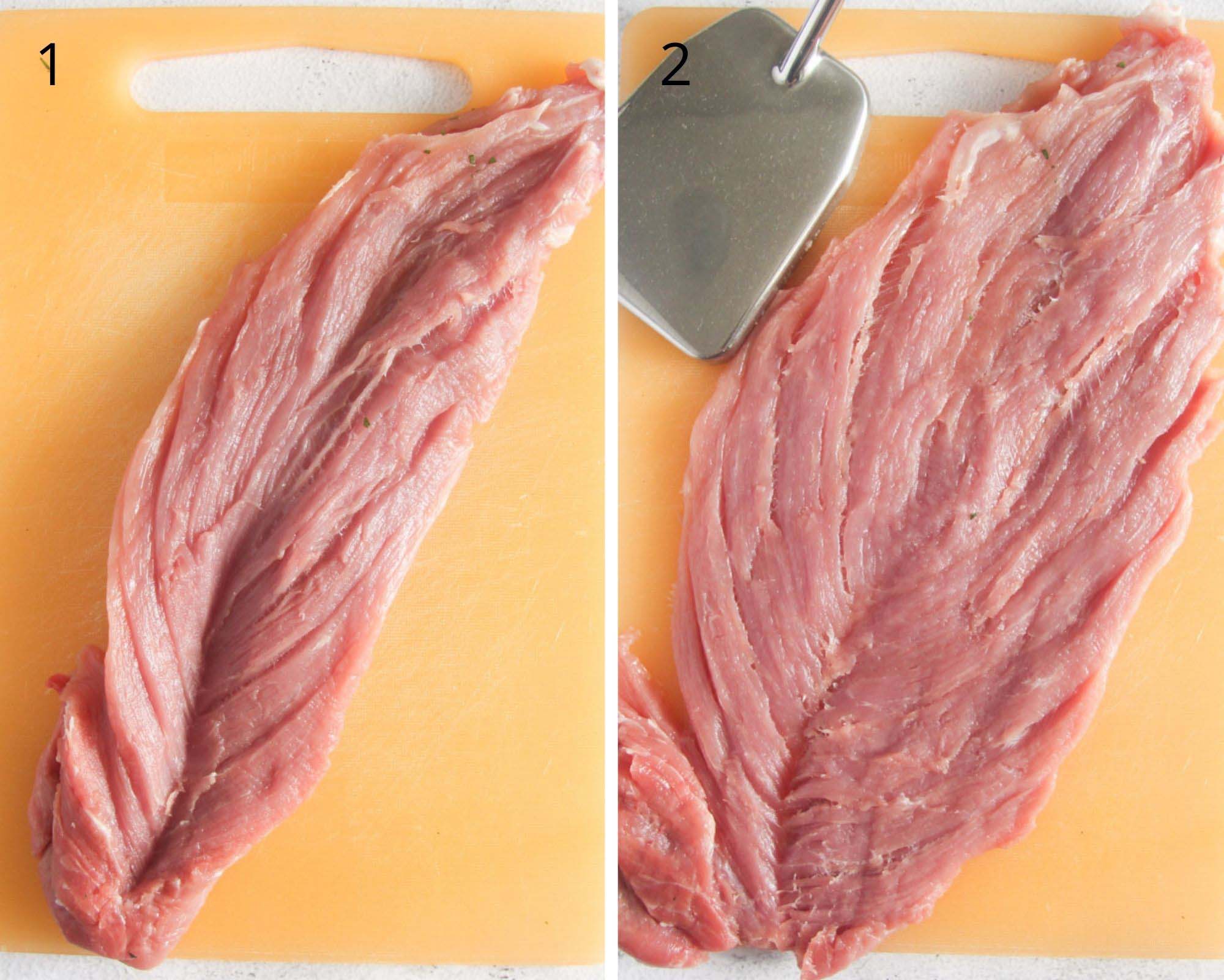 collage of two pictures of butterflying a pork filet.