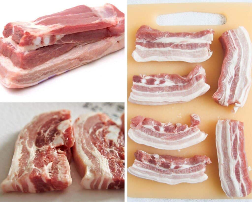 collage of three pictures of raw pork meat in a piece and then cut into slices.
