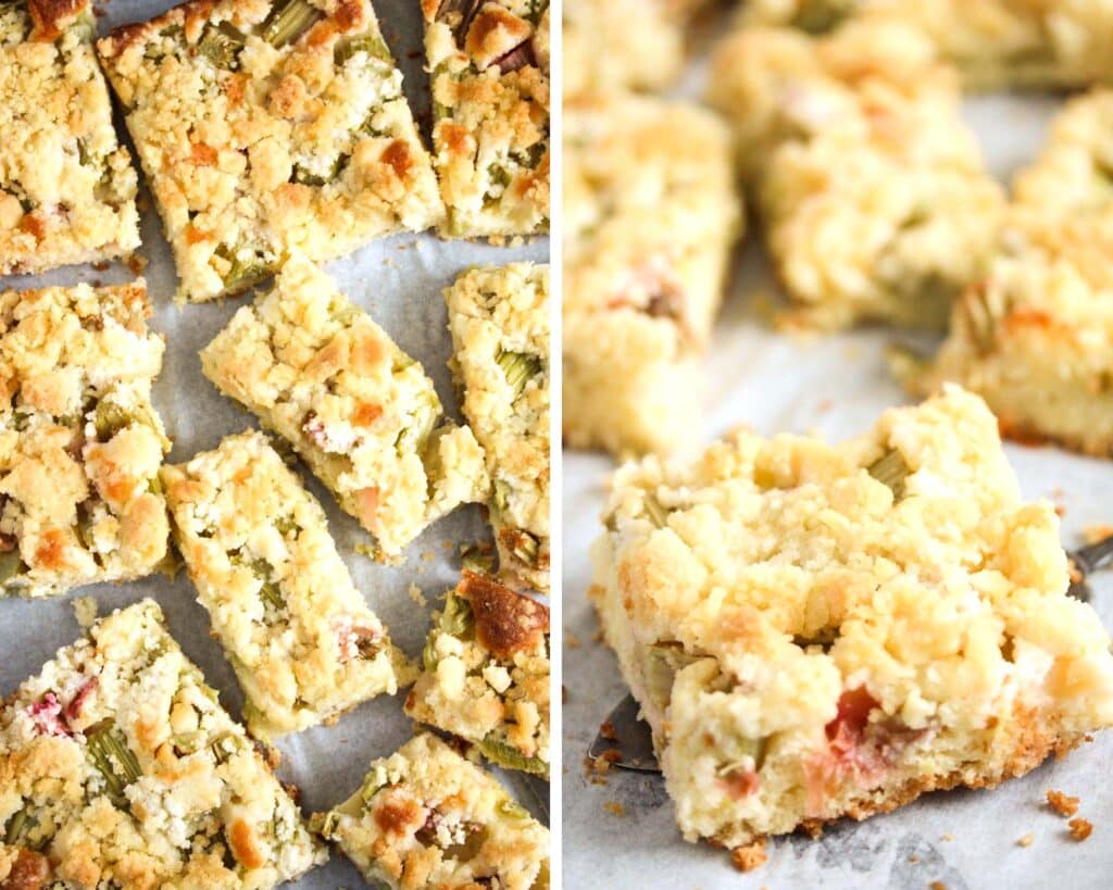collage of two pictures of rhubarb cake with crumbles on a baking tray.