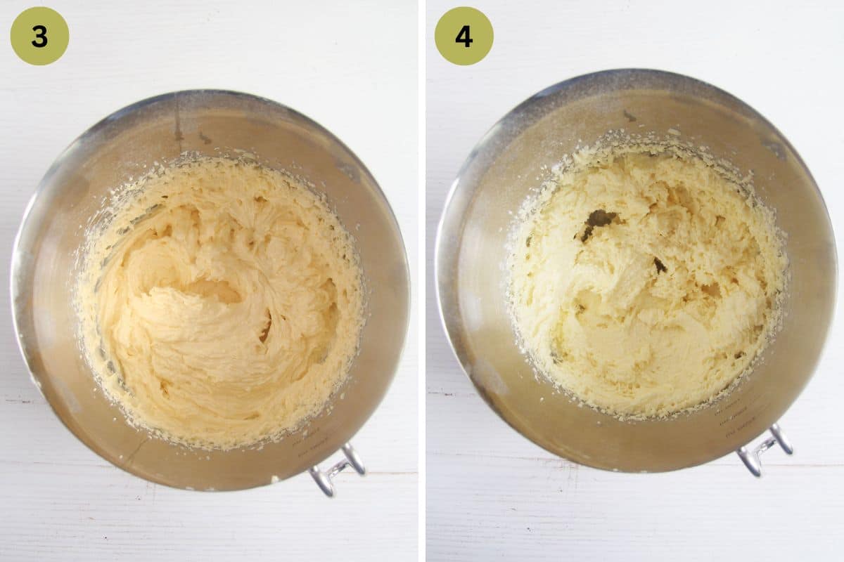 collage of two pictures of stirring cake batter in a bowl.