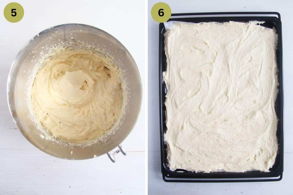 collage of two pictures of cake batter in a bowl and then on a baking sheet.