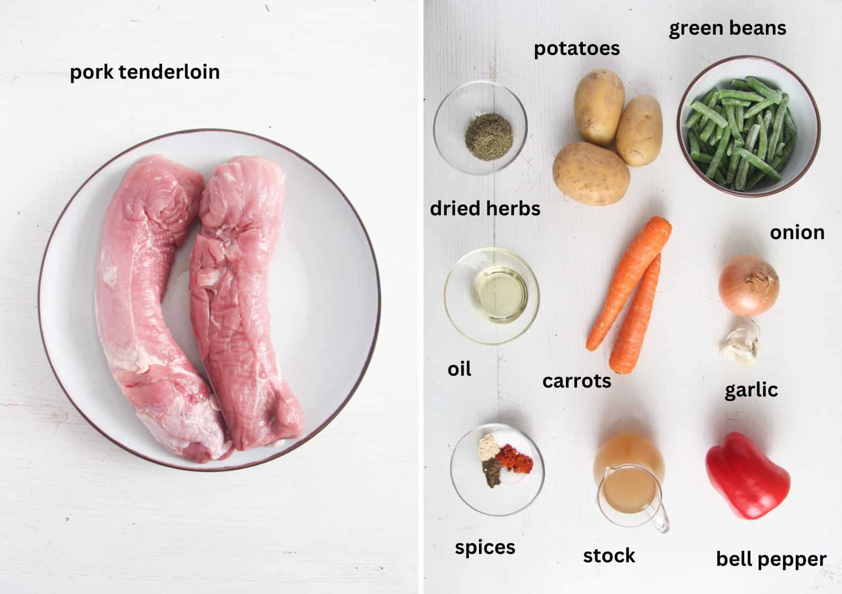 collage of two pictures of raw pork tenderloin and the other ingredients for cooking it, potatoes and vegetables.