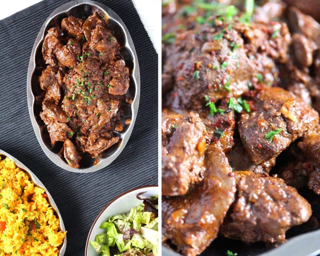 collage of two pictures of cooked offal on a platter and close up.
