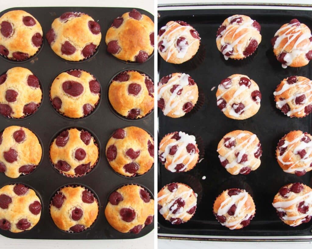 collage of two pictures of muffins topped with cherries in a baking tray before and after icing.
