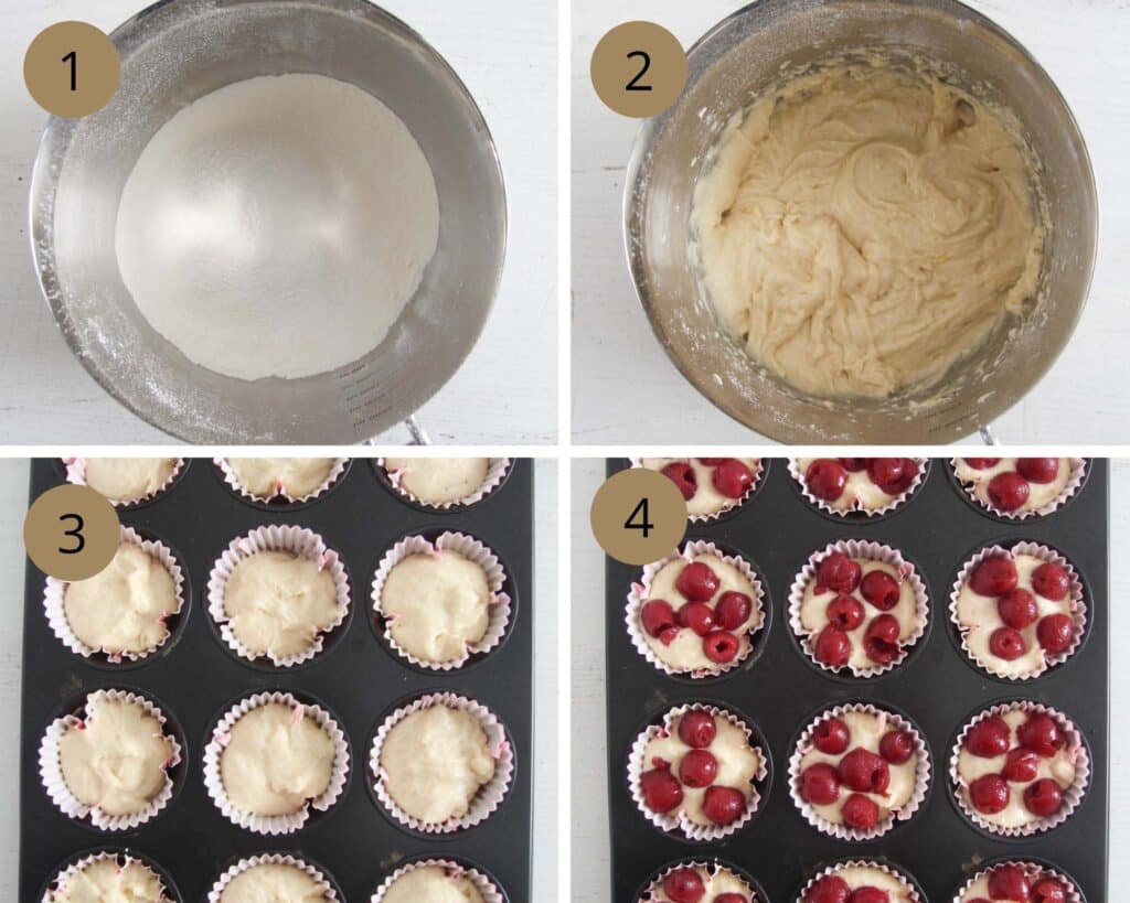 collage of four pictures of mixing flour and cornstarch in a bowl, making batter, dividing it in muffin cups and adding cherries.