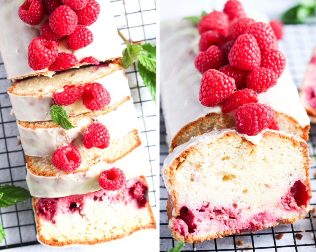 collage of two pictures of loaf cake topped with white ganache and berries.