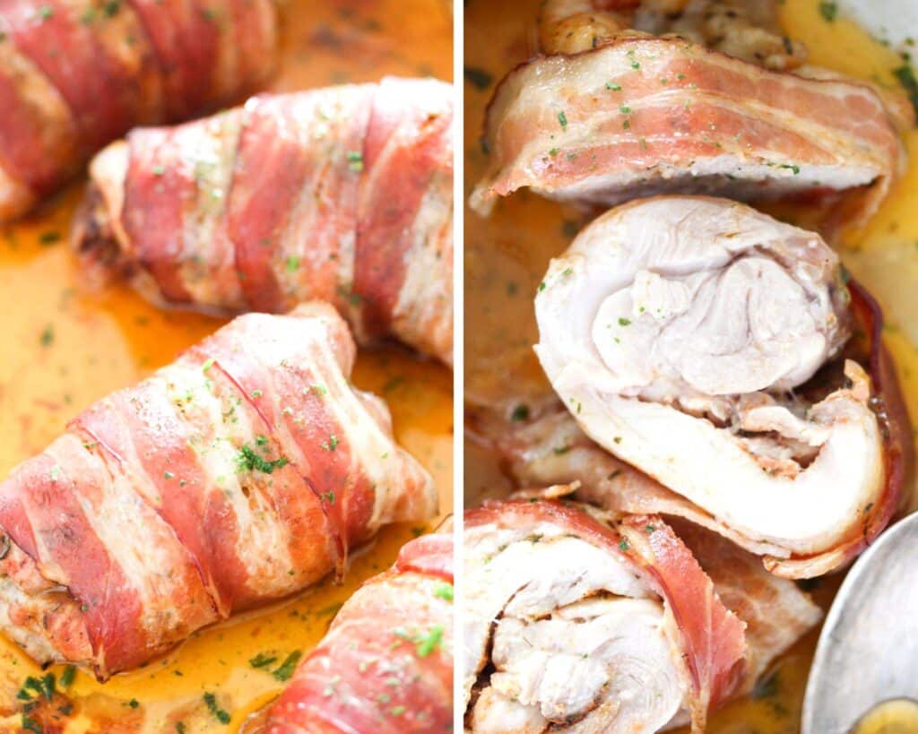 collage of two pictures of chicken thighs wrapped in bacon whole in the pan and sliced on a plate.