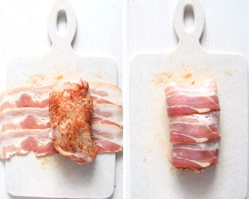 collage of two images of wrapping a piece of meat in thin cut bacon.