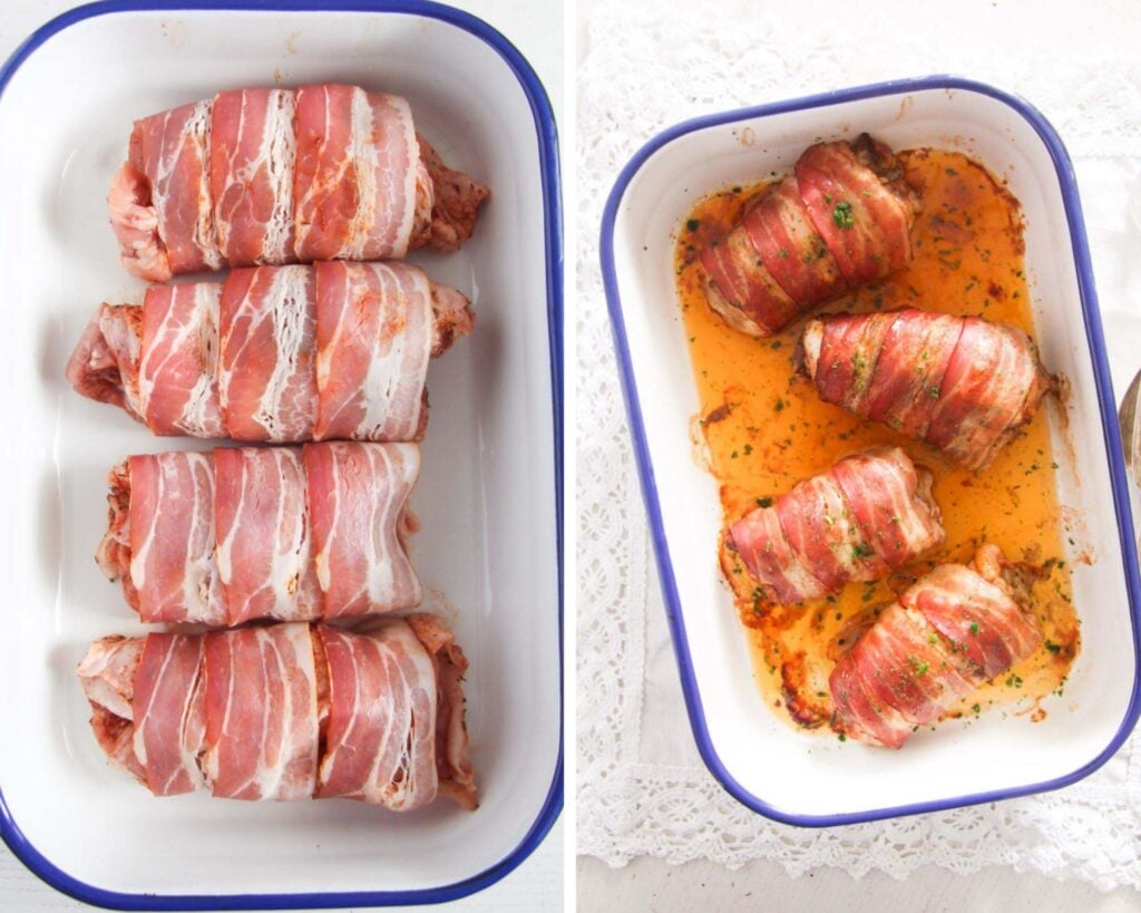 collage of two pictures of bacon chicken before and after roasting in a enamel tin.