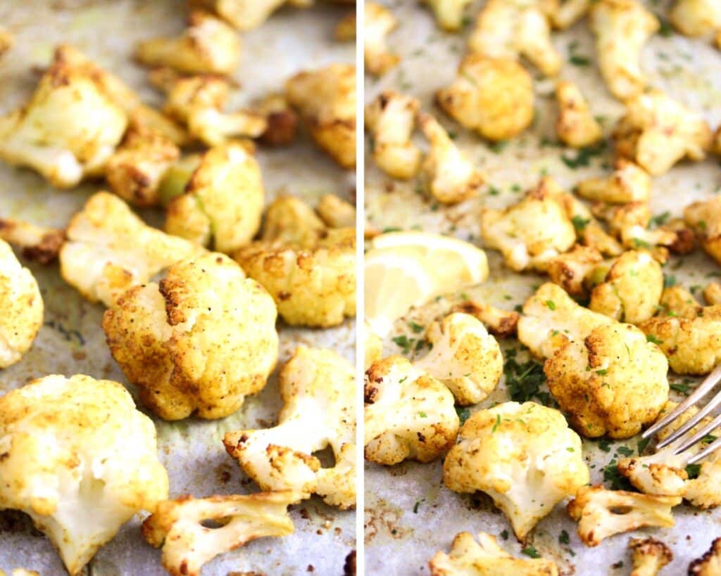 collage of two pictures of baked curried veggies on a baking tray.