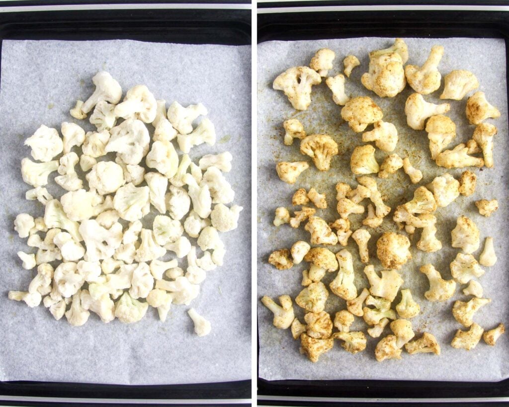 collage of two pictures of vegetables before and after roasting.