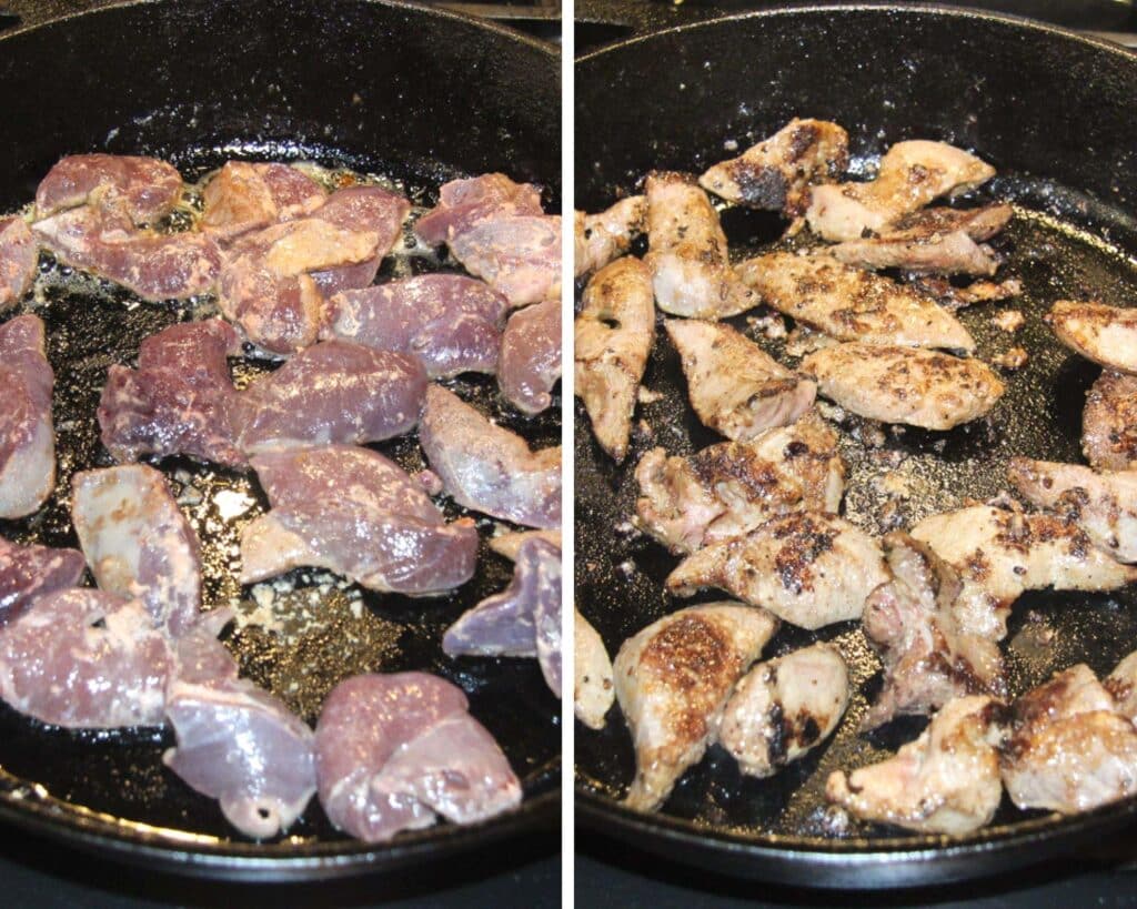 collage of two pictures of liver strips in a pan before and after cooking.