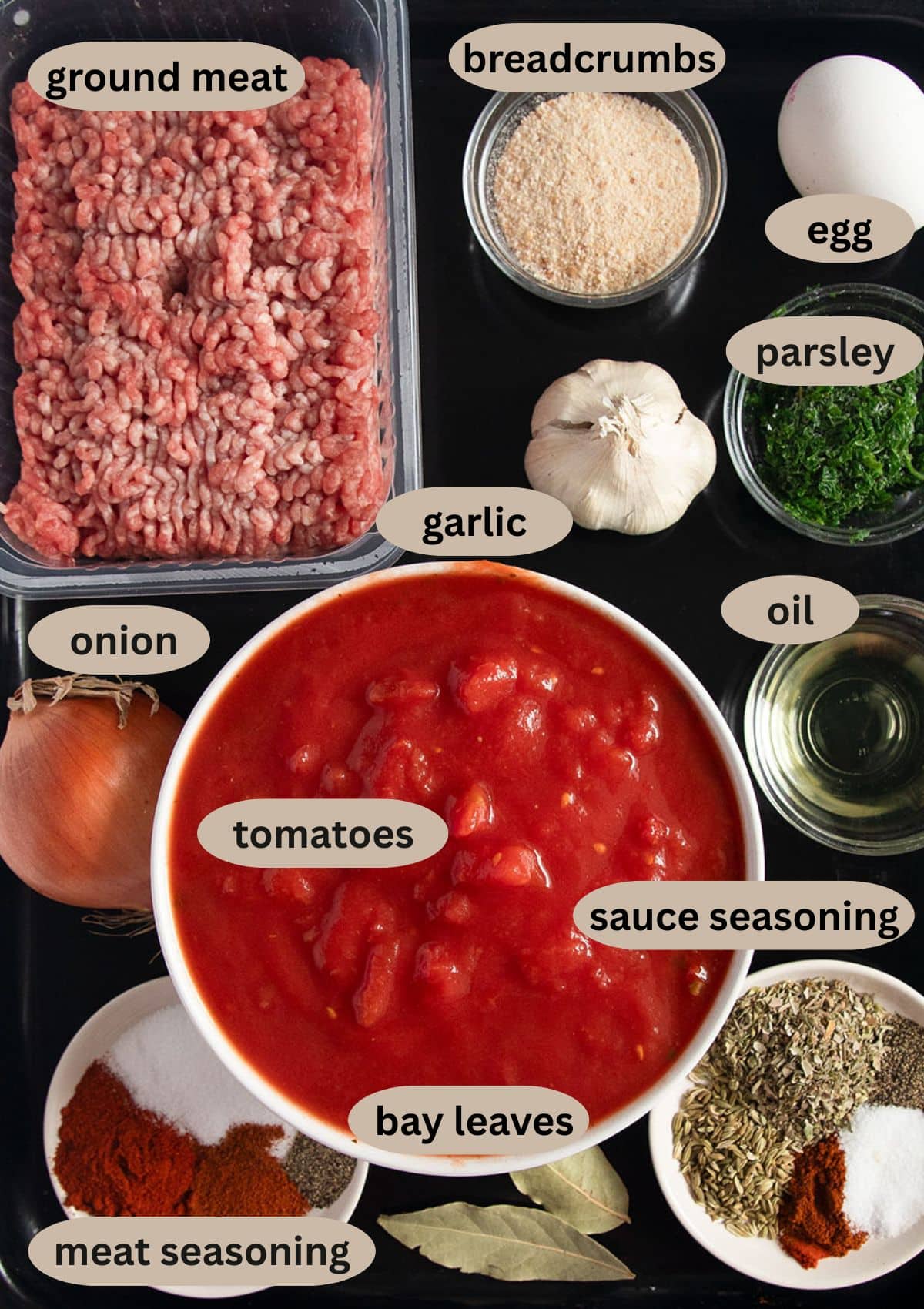 labeled ingredients for making spanish meatballs with ground beef, tomatoes, and seasoning.
