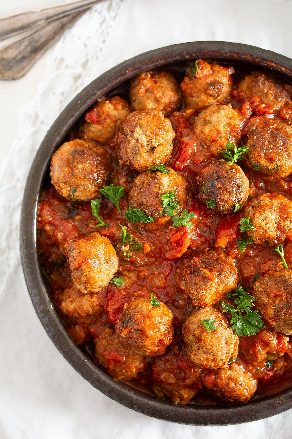 albondigas or spanish meatball tapas in a large bowl.