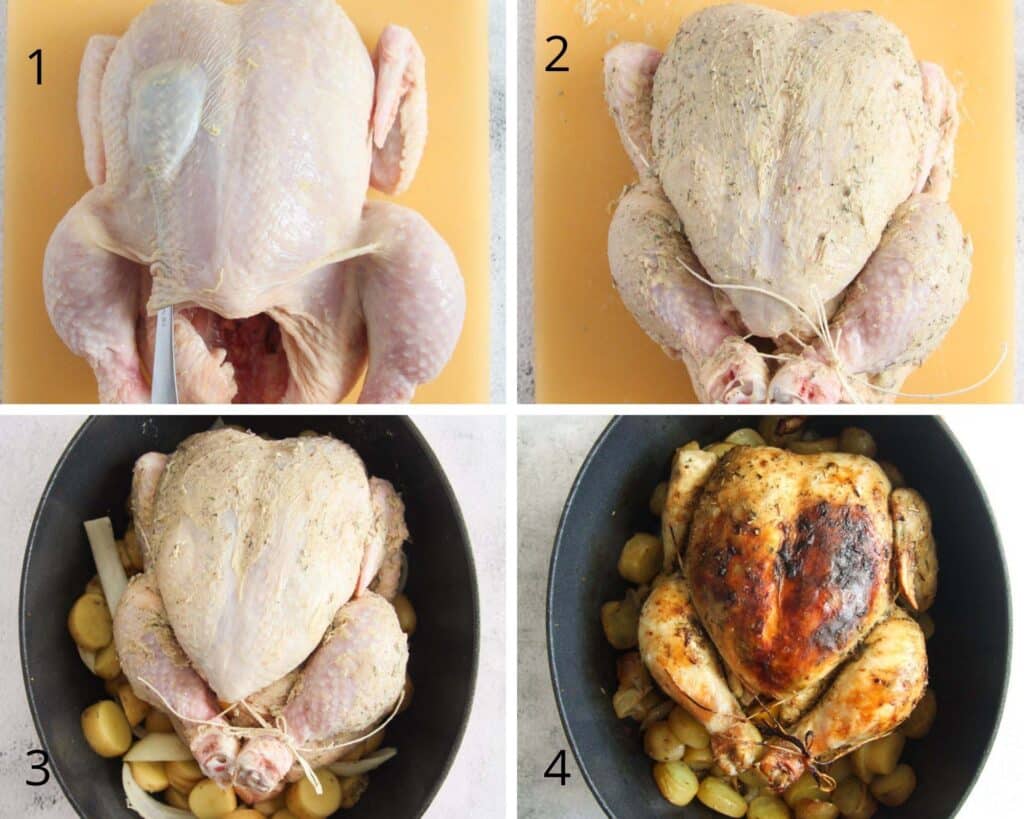 collage of four pictures of whole chicken being buttered and then roasted.