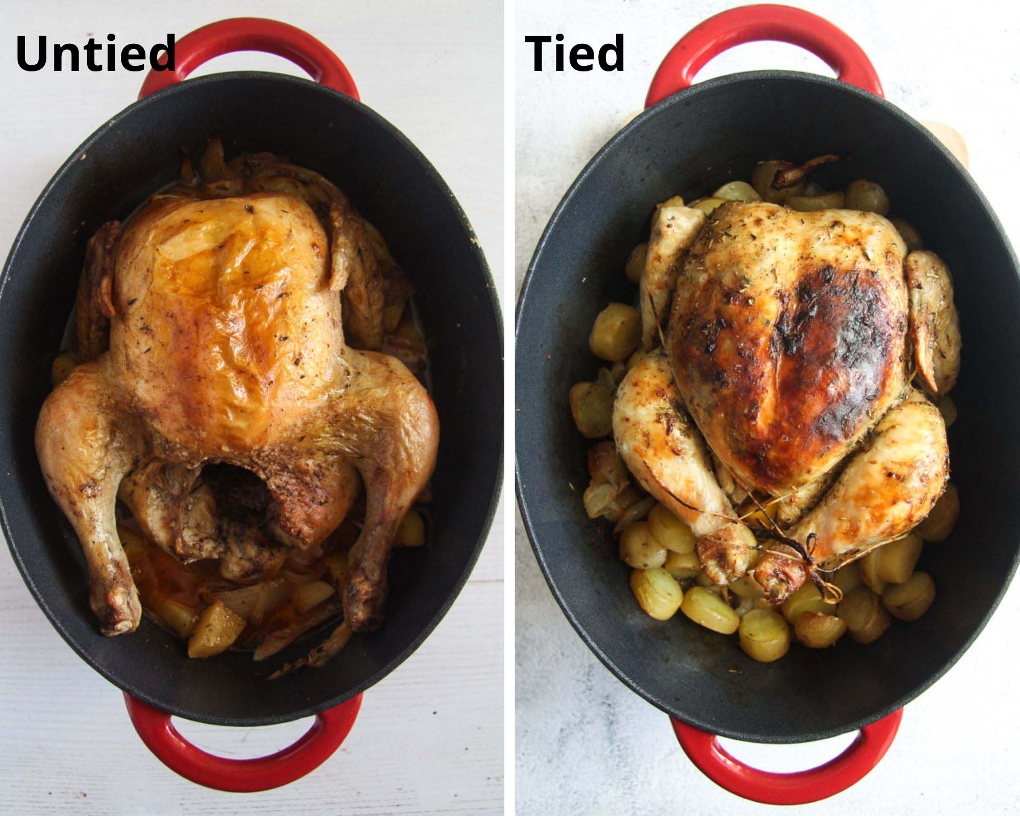 collage of two pictures of roasted chicken with untied and then tied legs.