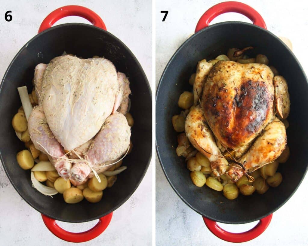 collage of two pictures of raw and then roasted chicken in a dutch oven.