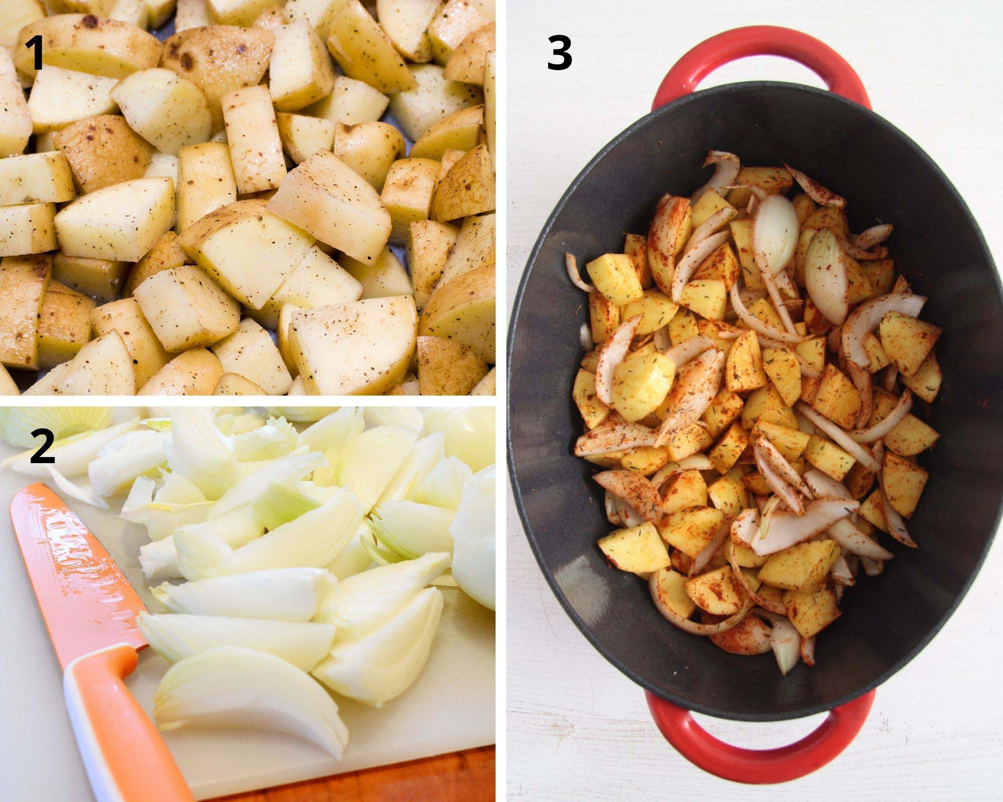 collage of three pictures of chopped raw potatoes and onions and then a dutch oven with the veggies inside.