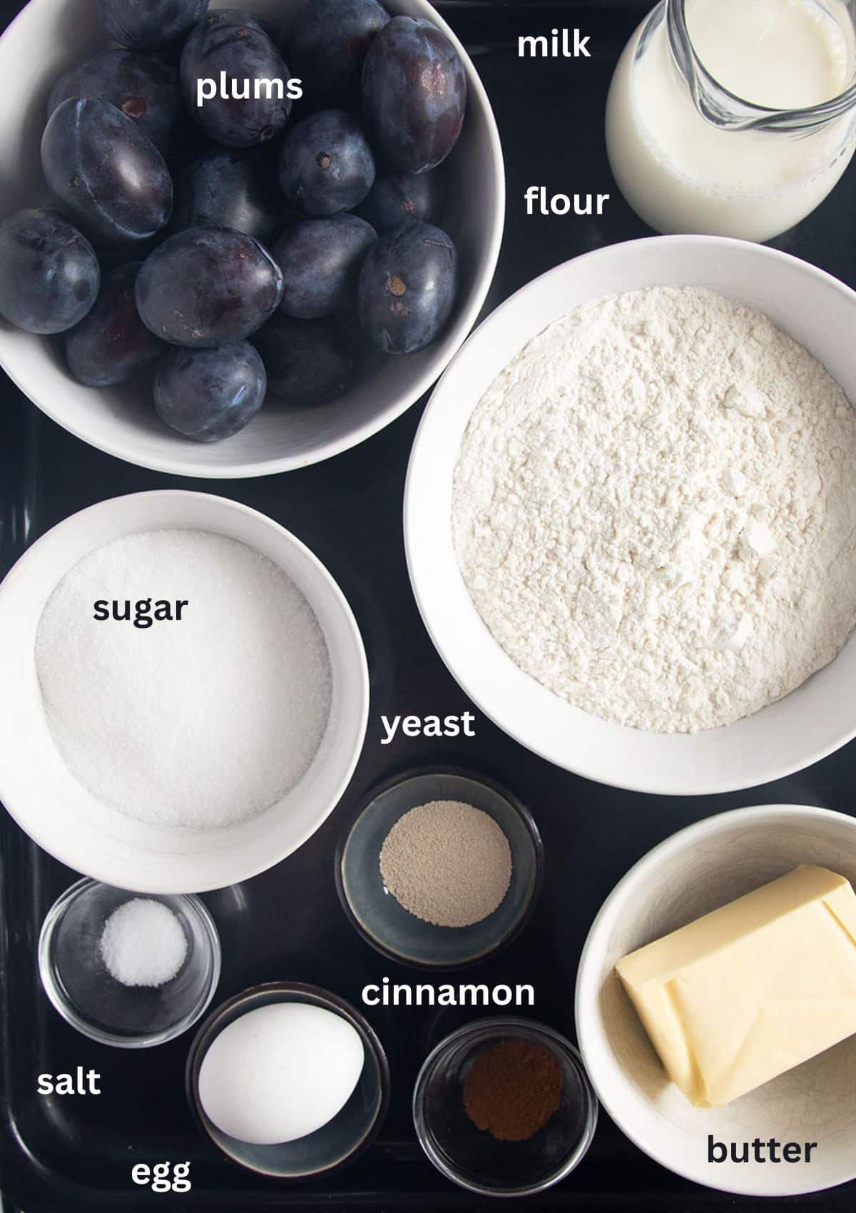 labeled ingredients for making german plum cake with italian plums, yeast, flour, sugar, butter, milk and cinnamon.