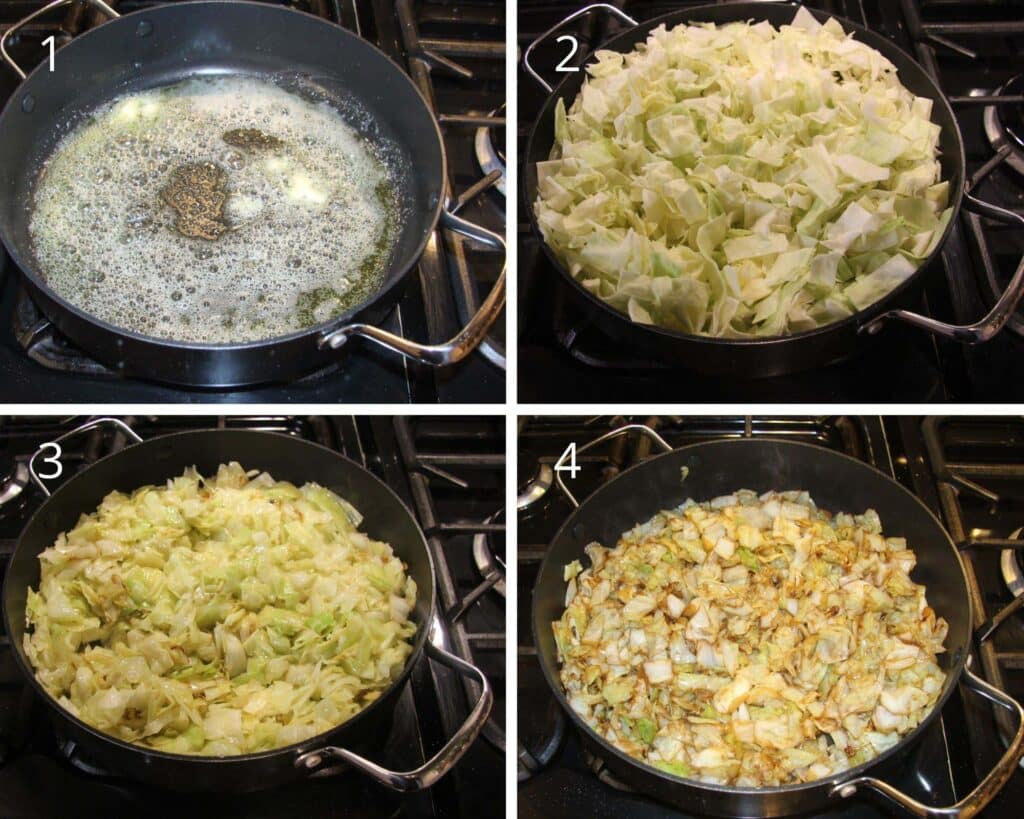 collage of four pictures of foaming butter, adding cabbage, cooking it and adding soy sauce.