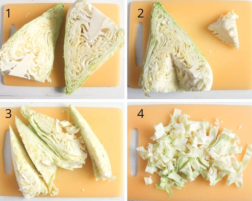 collage of four pictures of halving, coring, quartering and slicing a pointed cabbage.