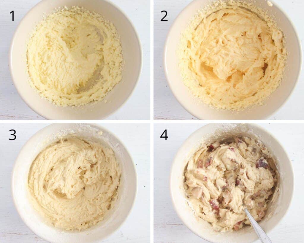 collage of four pictures of creaming butter with sugar and eggs and then adding flour.
