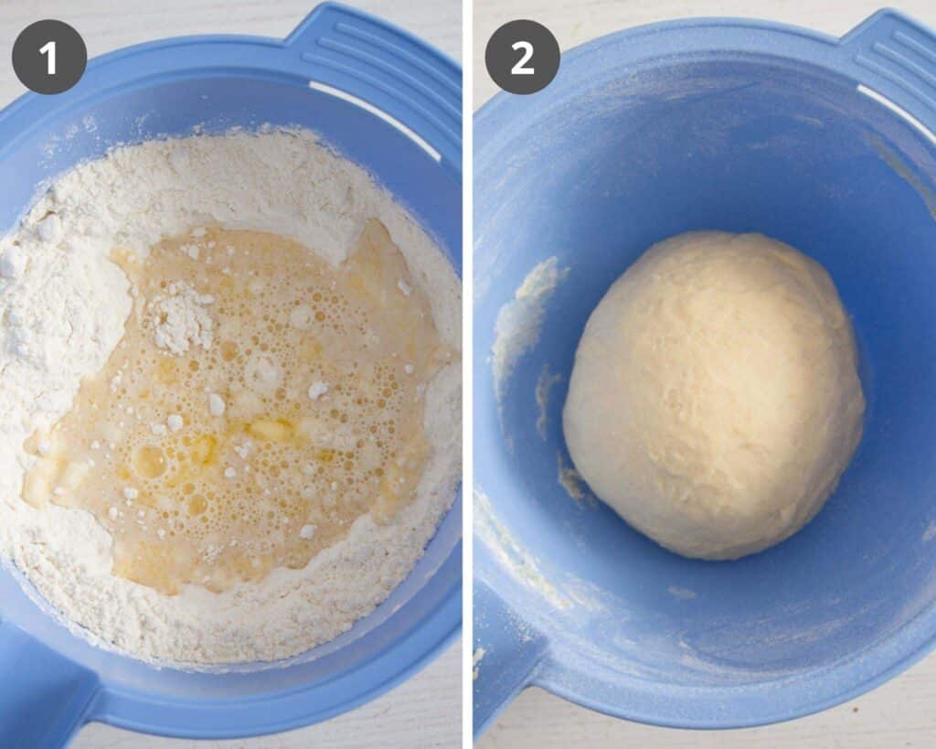 two pictures of bowls with yeast dough before and after kneading.