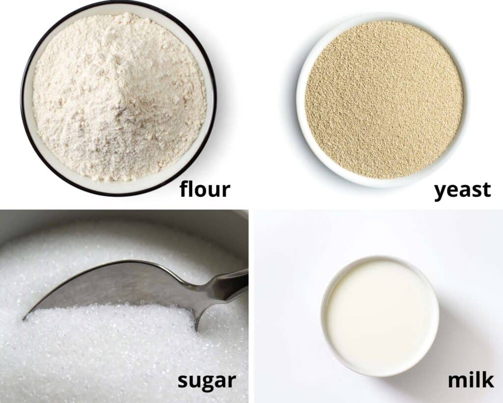 collage of four images of flour, yeast, sugar, milk for making dough.