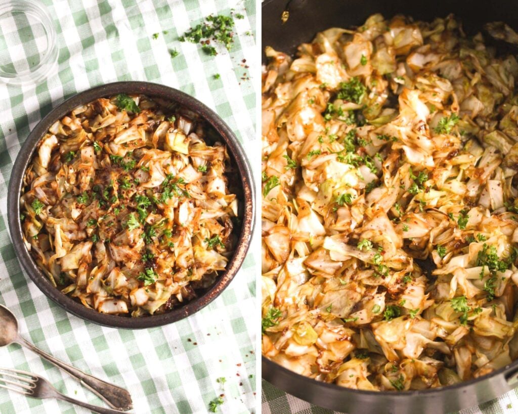 two pictures of cooked hispi cabbage.