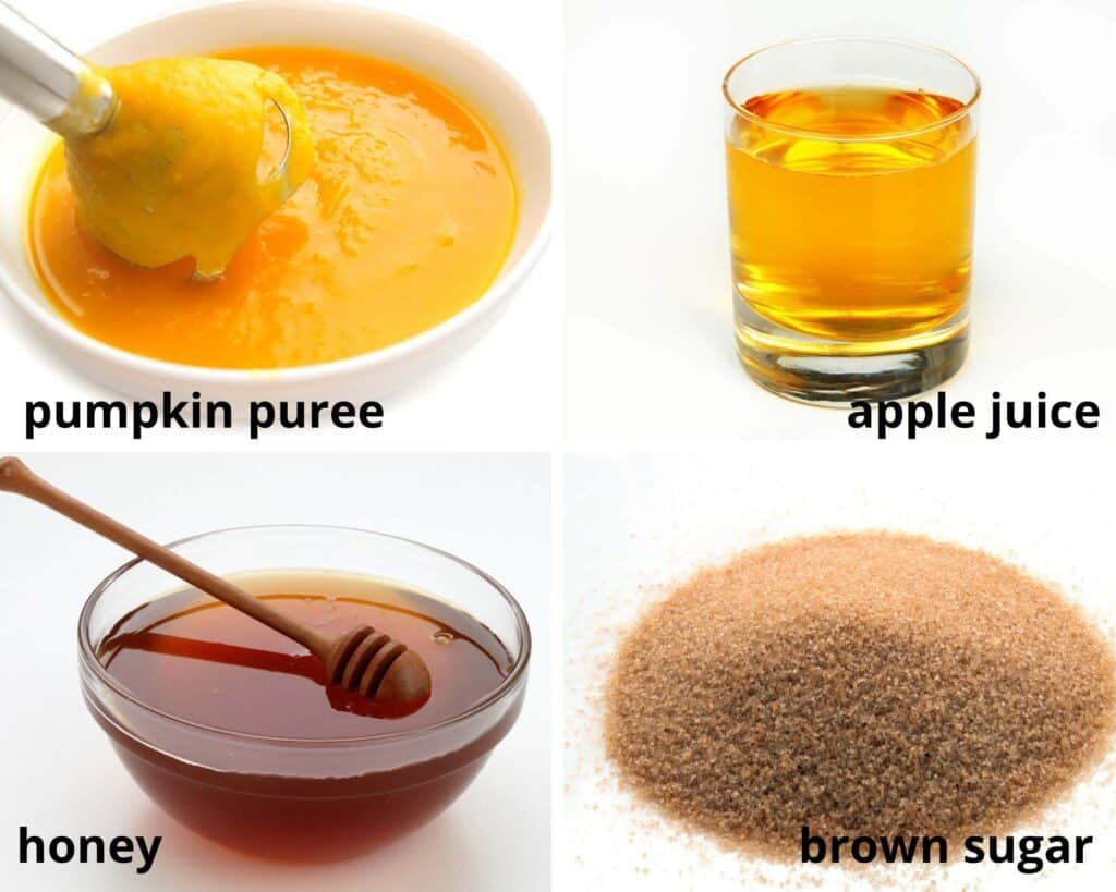 collage of four pictures of pumpkin puree, apple juice, honey and brown sugar.