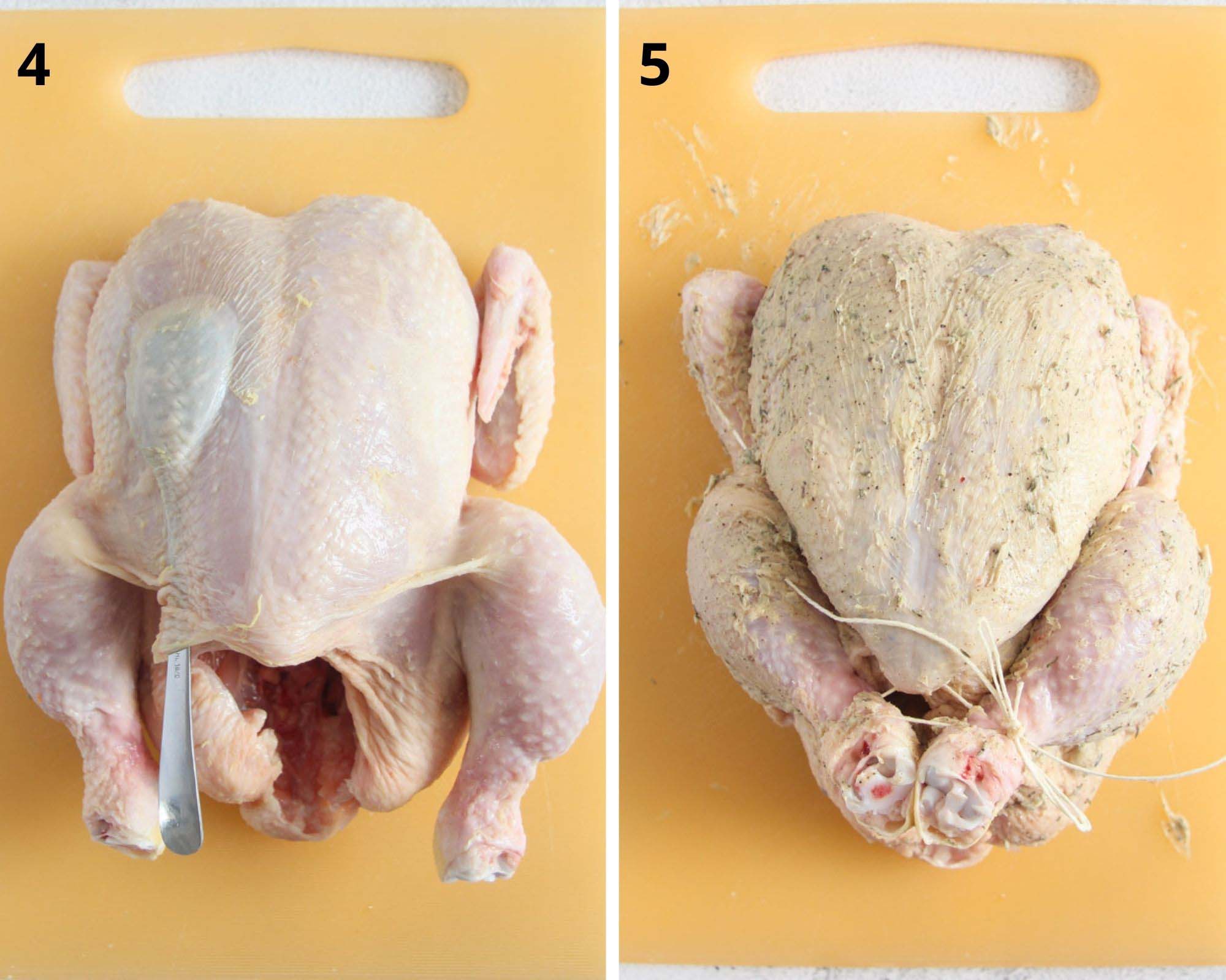 collage of two pictures of smearing butter under and on the skin of a chicken.