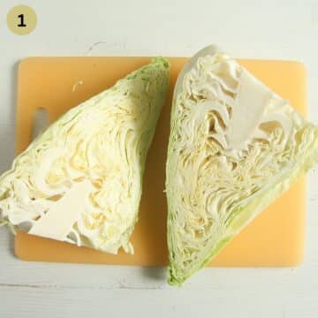 halved sweetheart cabbage on a cutting board.