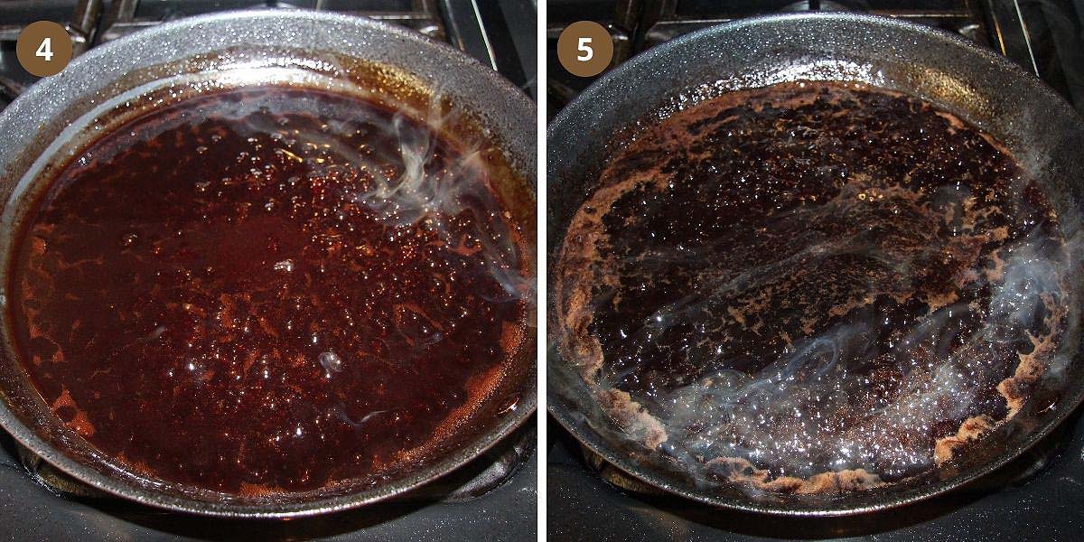 collage of two pictures of making red wine balsamic sauce in a pan.
