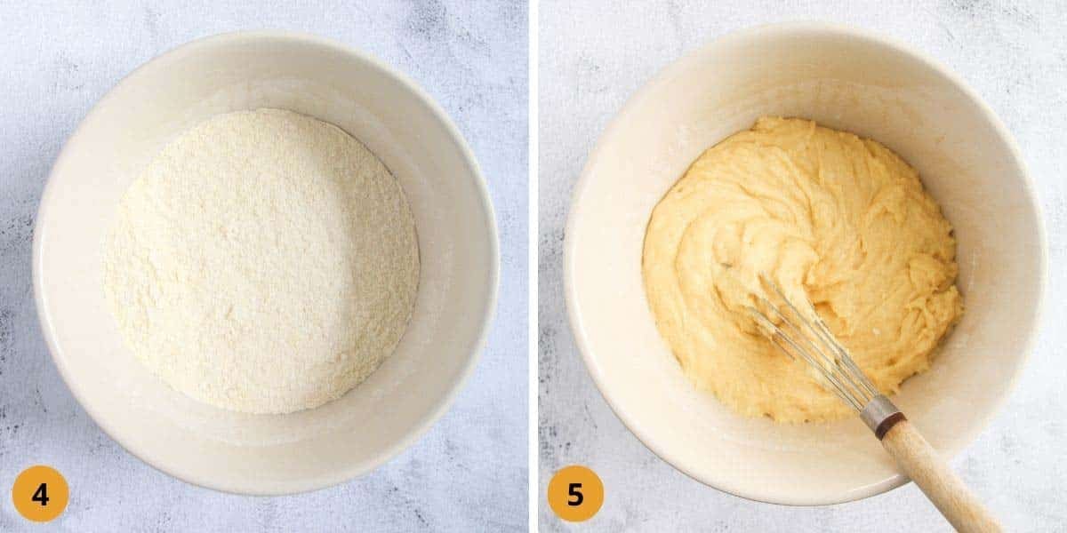 collage of two pictures of mixed cornmeal and flour and batter for cornbread.
