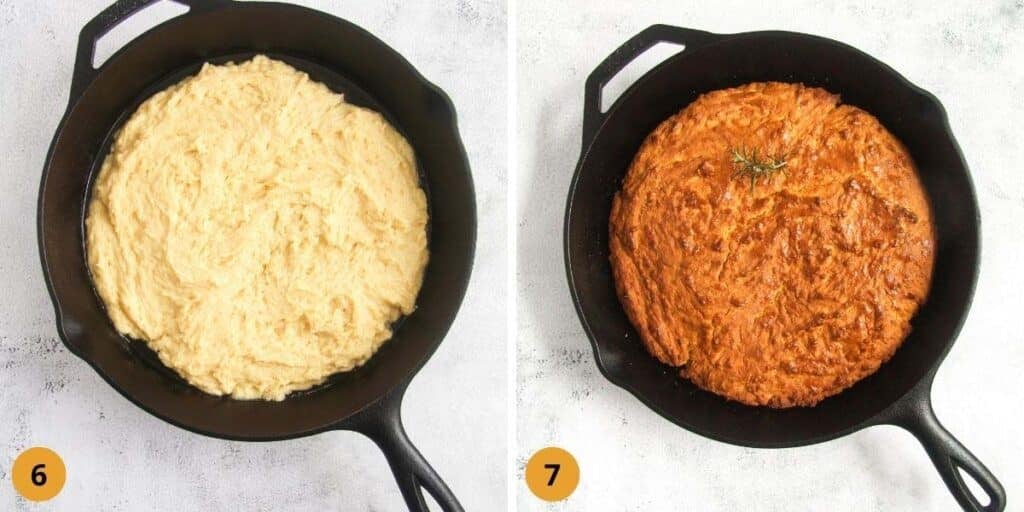 collage of two pictures of unbaked and baked bread with cornmeal.