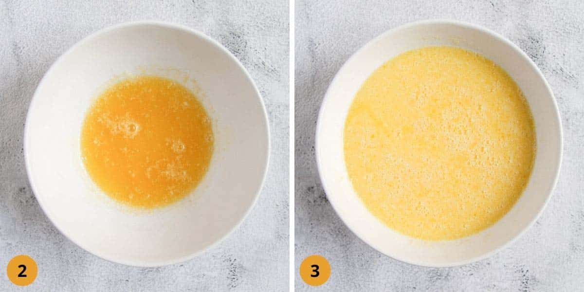 collage of two pictures of melted butter and mixing it with buttermilk and egg.