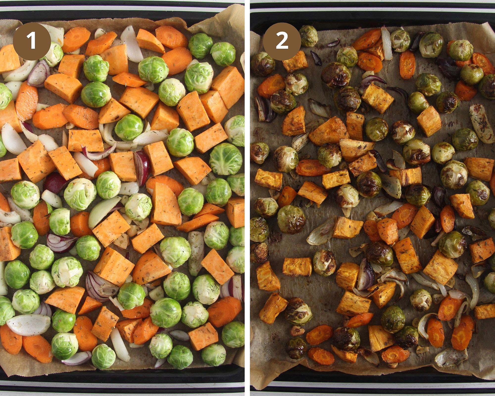 collage of two pictures of vegetables on a tray before and after roasting.
