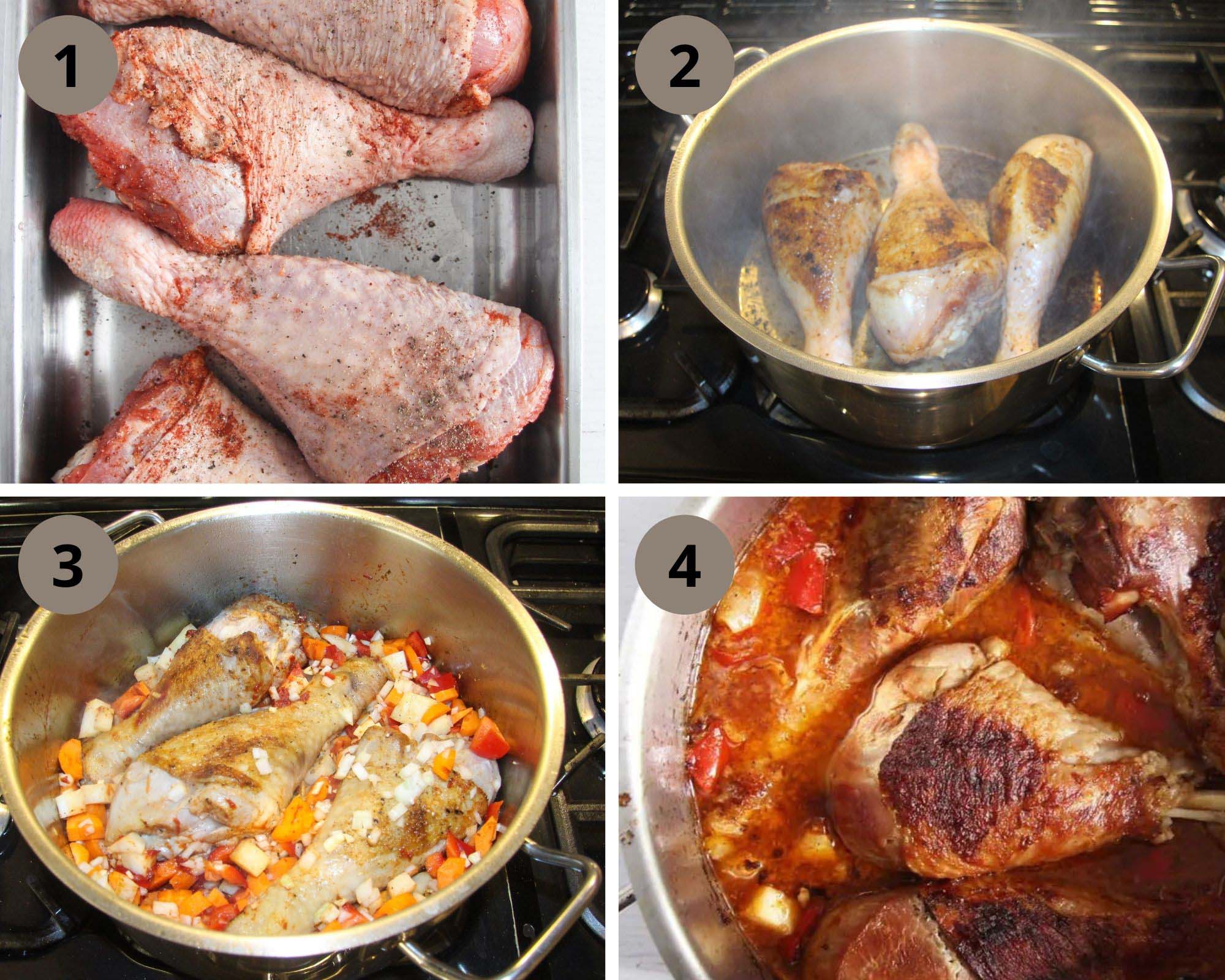 collage of four pictures of raw turkey legs, frying in the pot, simmering and in sauce.