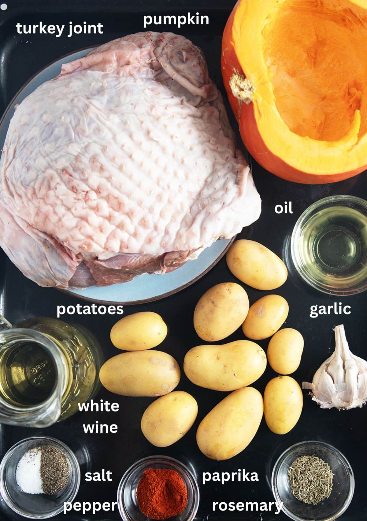 labeled ingredients for cooking a turkey joint with potatoes, pumpkin, garlic, and spices.