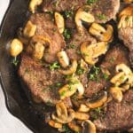 pinterest image of skillet with meat and mushrooms.